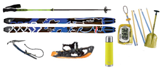 Testausrüstung von DYNAFIT (Ski), KOMPERDELL (Stöcke) und PIEPS (Sicherheitspaket sowie von SALEWA (Schneeschuhe, Eisgeräte) / Bild: Hersteller
