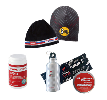 1 Dose PANACEO Natur- Medizinprodukt,  Stirnband & Trinkflasche (vom Hotel), Wintermütze &  Lippenbalsam (von der  Region Kitzbüheler Alpen), Microfiber Reversible Hat von Buff®  / Bild: Hersteller