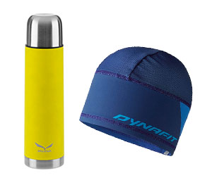 Geschenke: DYNAFIT-Haube und SALEWA-Thermobottle / Bild: Hersteller