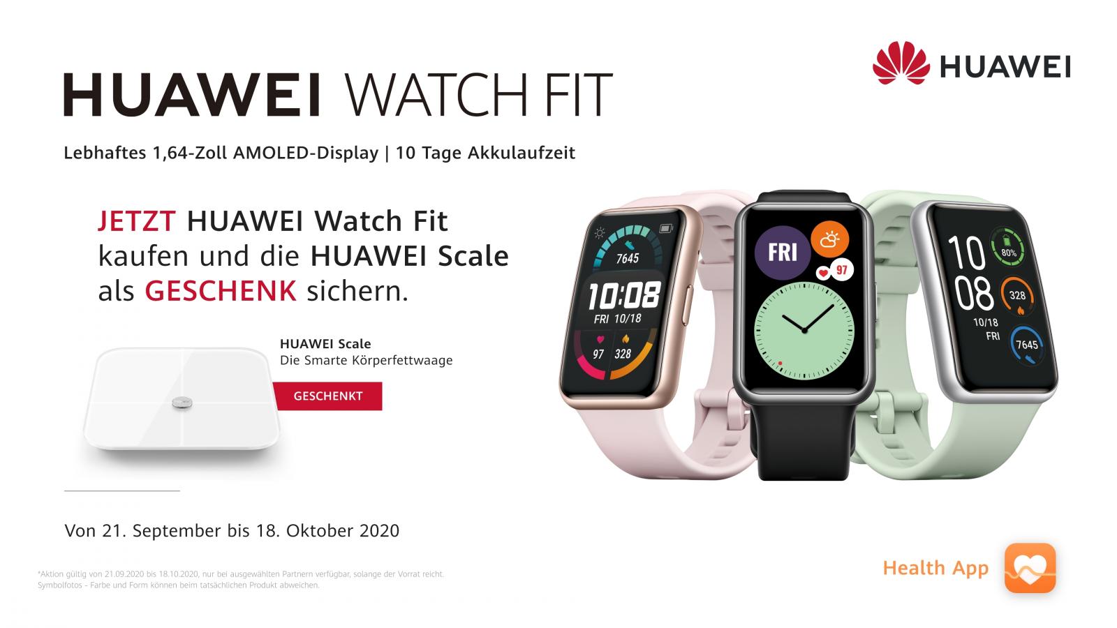 Ab sofort gibt es beim Kauf einer Huawei Watch Fit bis zum 18. Oktober die Huawei Smart Scale Körperfettwage kostenlos dazu.