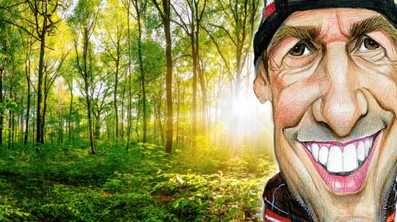 Christoph Sumann: Mein Fitnessstudio sind Wald und Wiese / Karrikatur: Petar Pismestrovic / Foto: iStock / Xurzon / Montage: sportaktiv.com
