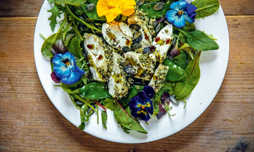 © Fotograf / Nadine Poncioni Gesunder Rezepttipp: Hühnerbrust im Kürbiskern-Pfeffer-Mantel auf Blattsalat