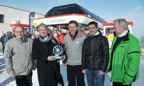 Mag. Marcus Kaller (GF Goldeck Bergbahnen), Dr. Hans-Peter Haselsteiner (Vorstandsvorsitzender Strabag SE), Martin Leitner (Leitner GmbH), Michael Tanzer (Leitner GmbH), LH Gerhard Dörfler