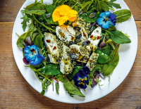 Gesunder Rezepttipp: Hühnerbrust im Kürbiskern-­Pfeffer-Mantel auf Blattsalat