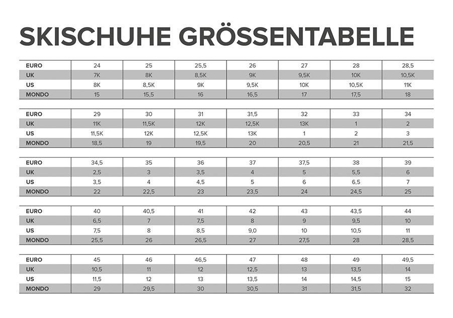 Skischuhe Größentabelle