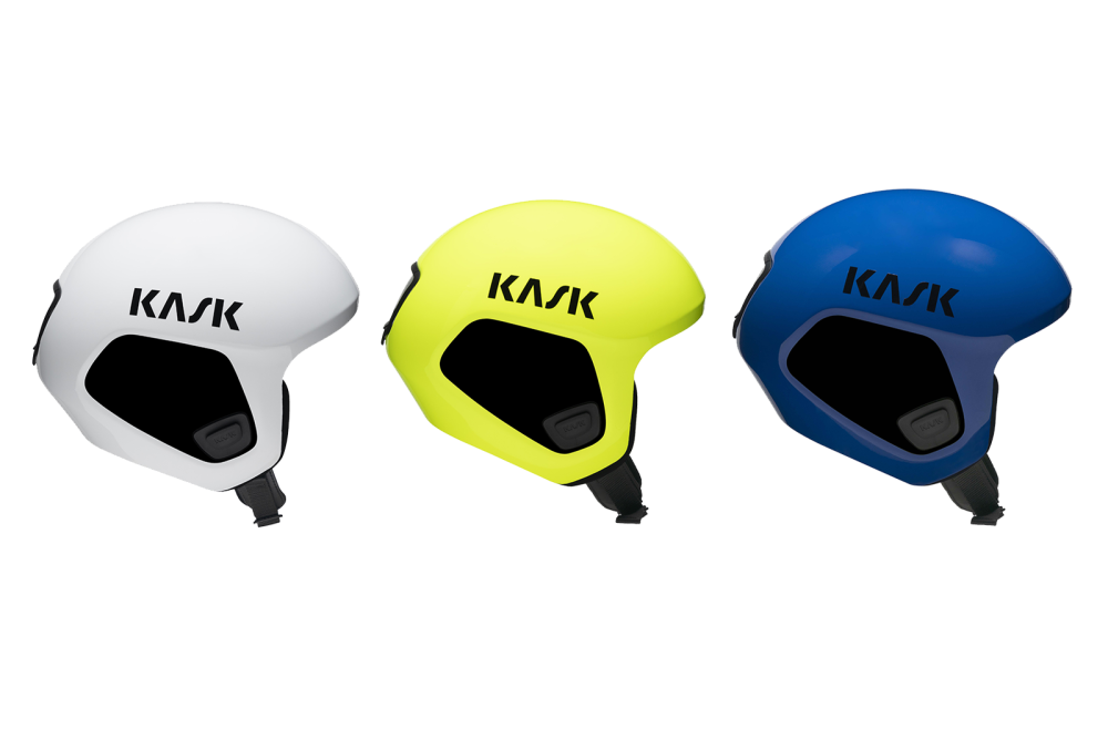 Rennskihelm Omega in den Farben Weiß, Gelb und Blau aus Thermoplast