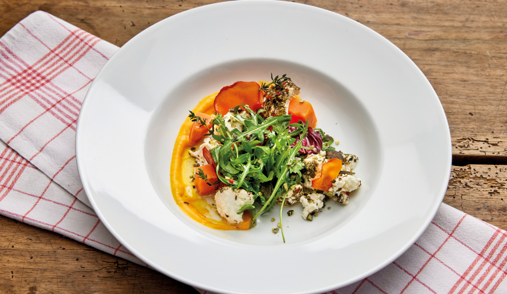 Gesunder Rezepttipp: Kräuterziegenkäse mit Kürbisbalsamicopüree